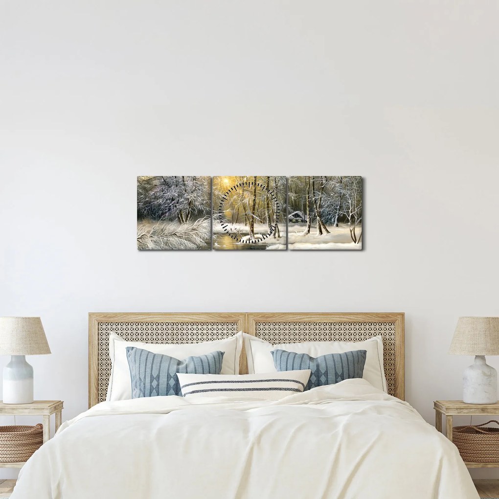 Obraz - Domek w lesie, obraz olejny (z zegarem) (90x30 cm)