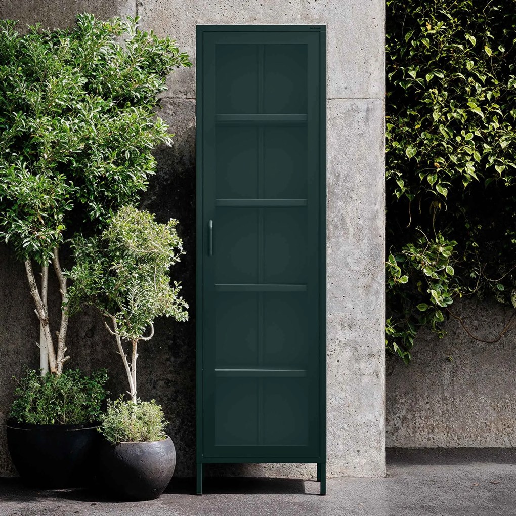 Witryna szklana do salonu wąska butelkowa zieleń Modern LUIGI 500 x 1800 x 350 mm