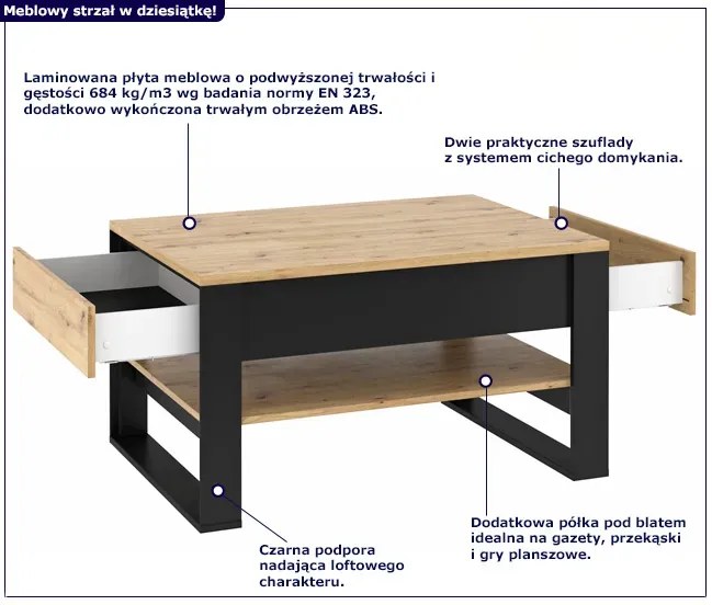 Loftowy stolik kawowy z szufladami dąb artisan - QA E0-C76