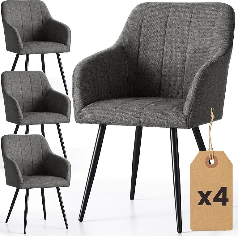 4x Krzesło tapicerowane z przeszyciami kwadratowymi Ciemny Grafit LUXANO Czarne nogi tkanina Lumos
