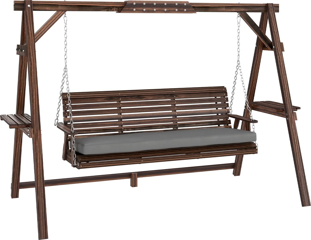 Outsunny Huśtawka hollywoodzka, 3-osobowa huśtawka ogrodowa z drewna, huśtawka z poduszką i półkami do 330 kg Zwęglony | Aosom PL