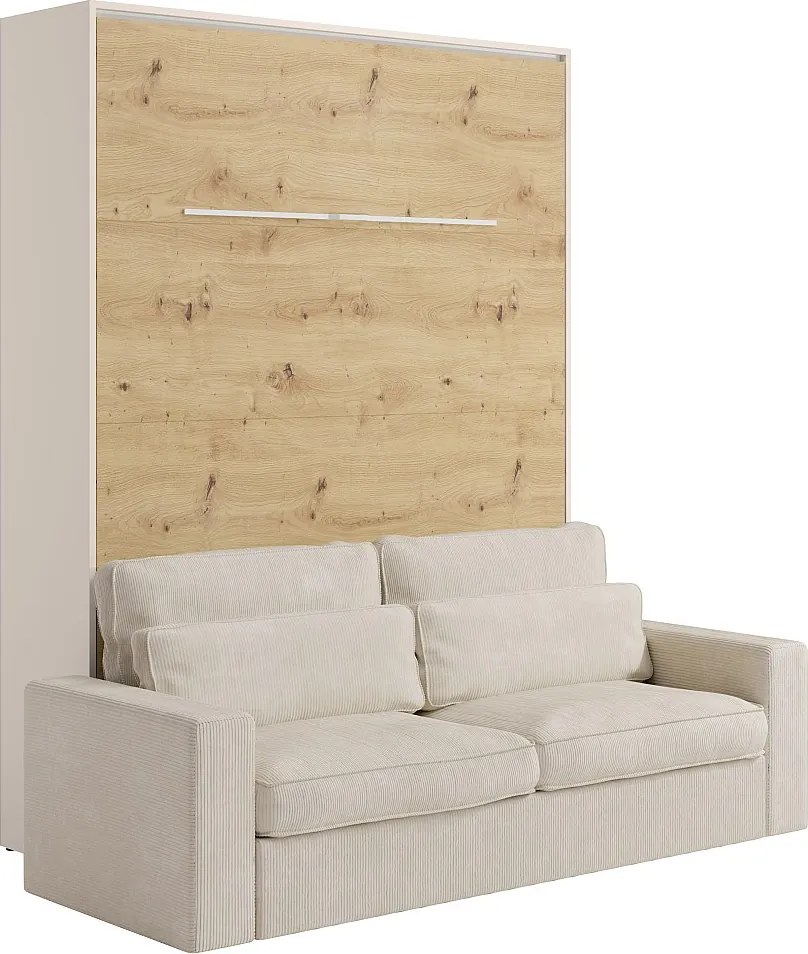 Łóżko chowane w szafie 160 x 200 cm - Ręczne otwieranie pionowe - Z oświetleniem LED - Beżowy i naturalny + kanapa - RAPILI