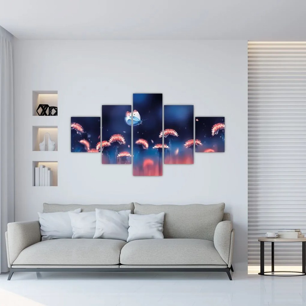 Obraz dmuchawca z niebieskim motylem (125x70 cm)