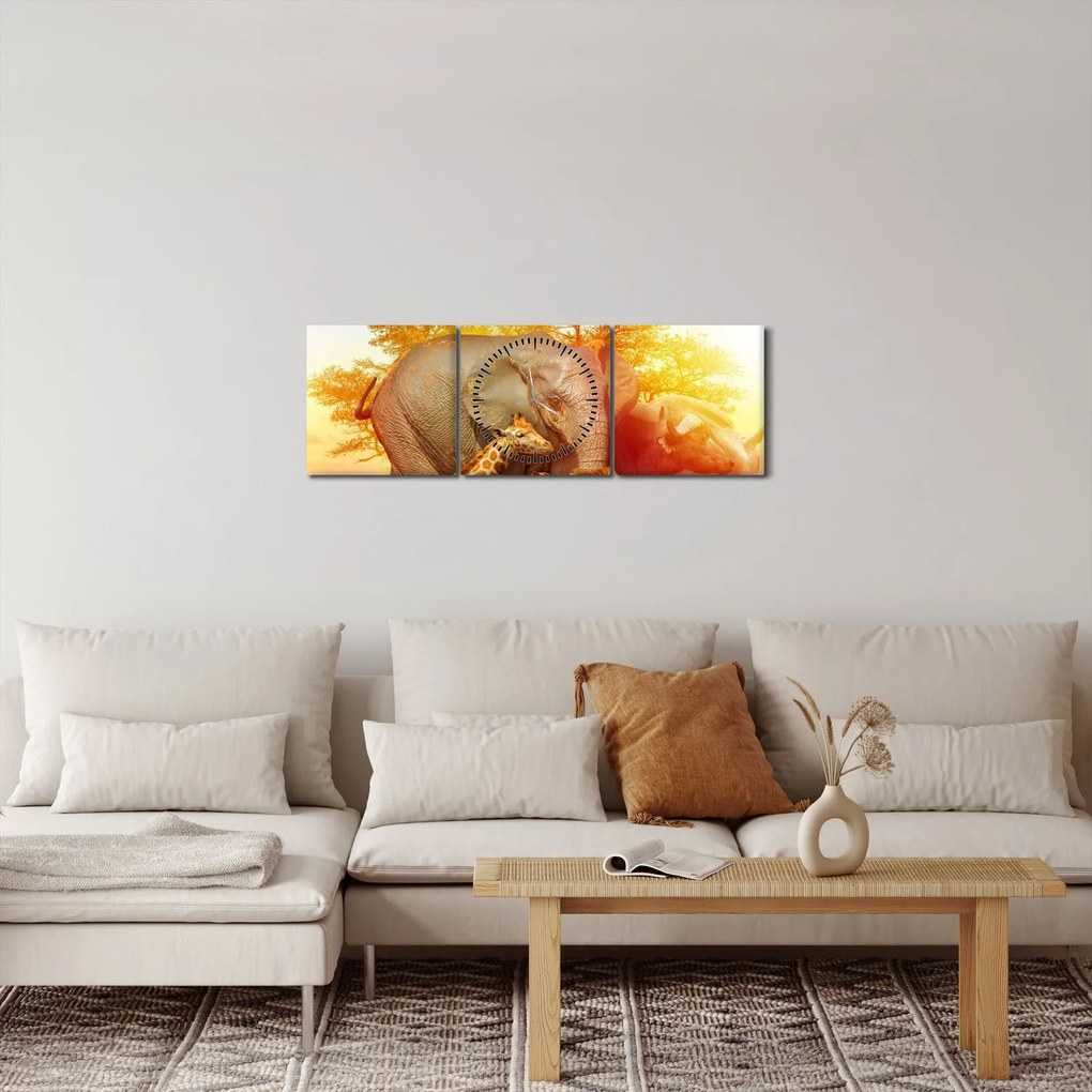 Obraz zwierząt afrykańskich (z zegarem) (90x30 cm)