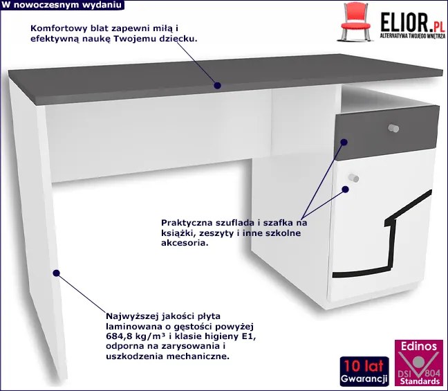 Biało-grafitowe biurko młodzieżowe Erwa 3X - 5 kolorów