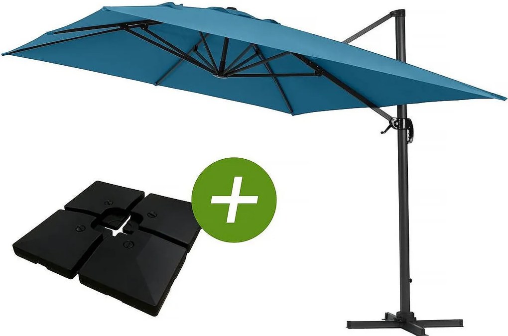 Parasol ogrodowy Sun 4" deportowany z aluminium - Prostokąt - 3 x 4 m - Niebieski - W komplecie balast