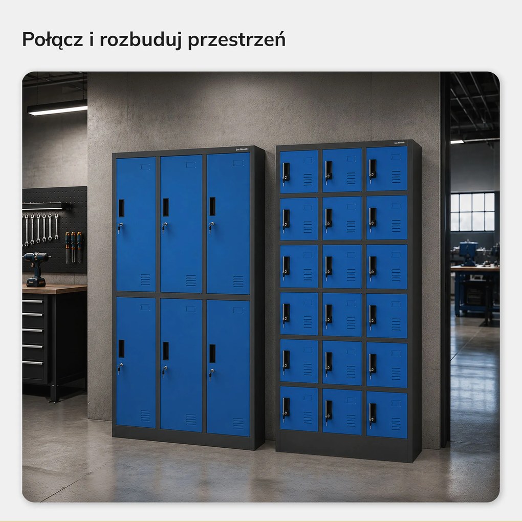Szafka pracownicza skrytkowa 18-skrytkowa antracytowo-niebieska, 900x1850x400 mm: KAROL