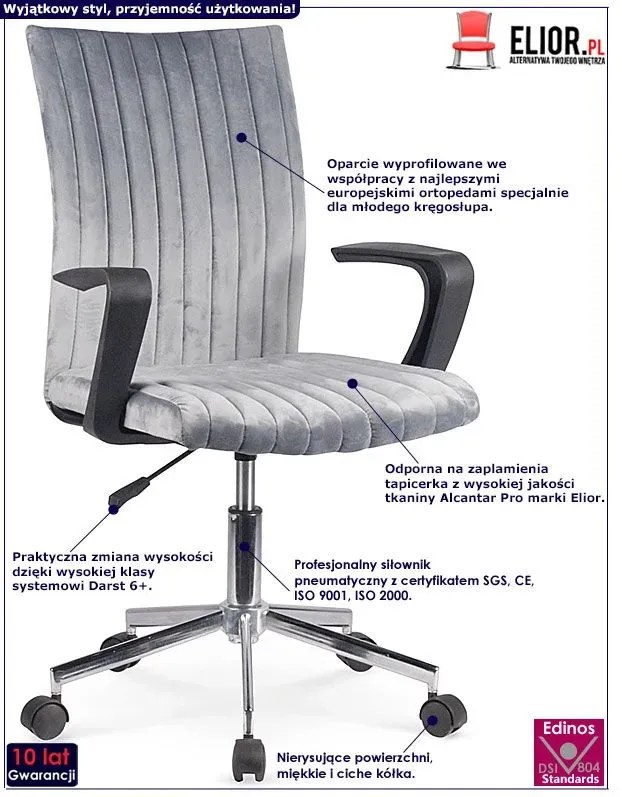 Popielaty fotel młodzieżowy do biurka F7-P08