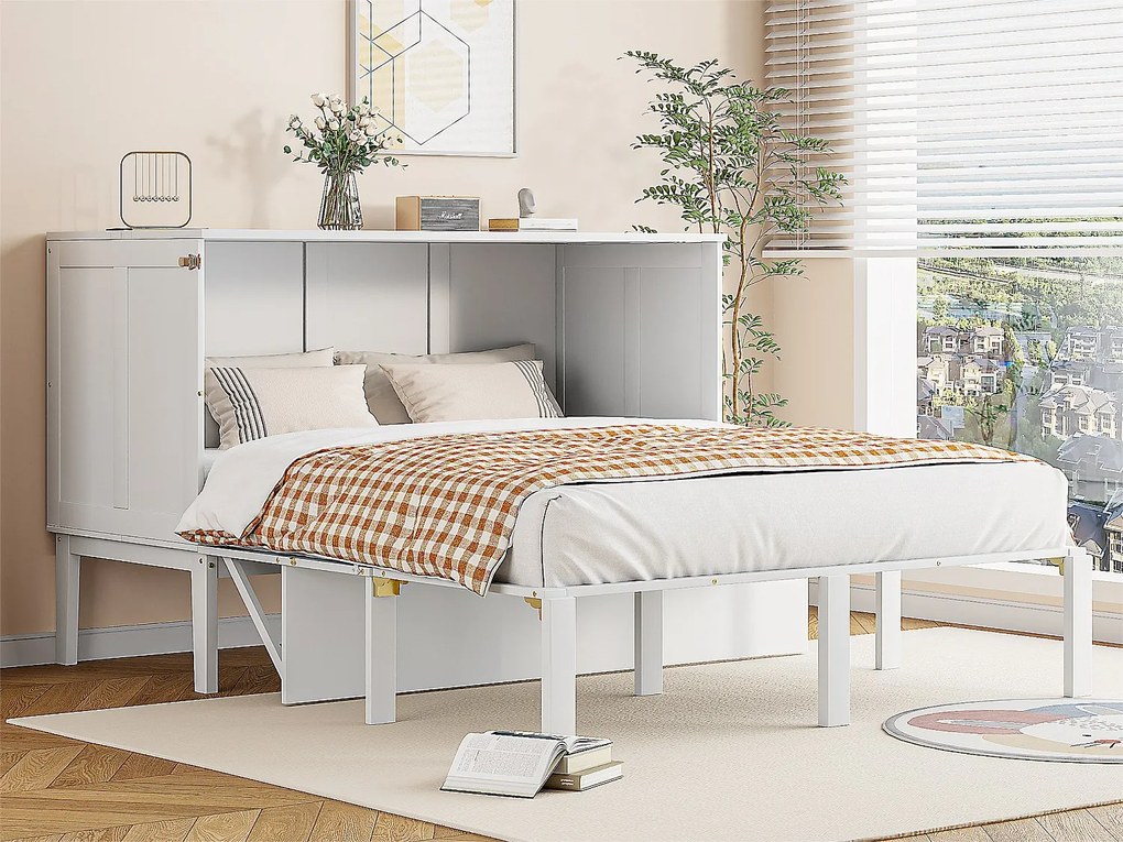 Łóżko chowane 140x200 cm z drewna - z stelażem na listwach - Białe