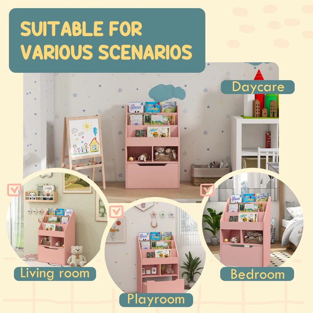 HOMCOM Regał dziecięcy z szufladą, półka na książki z półkami, 60 x 29,9 x 90 cm, Różowy