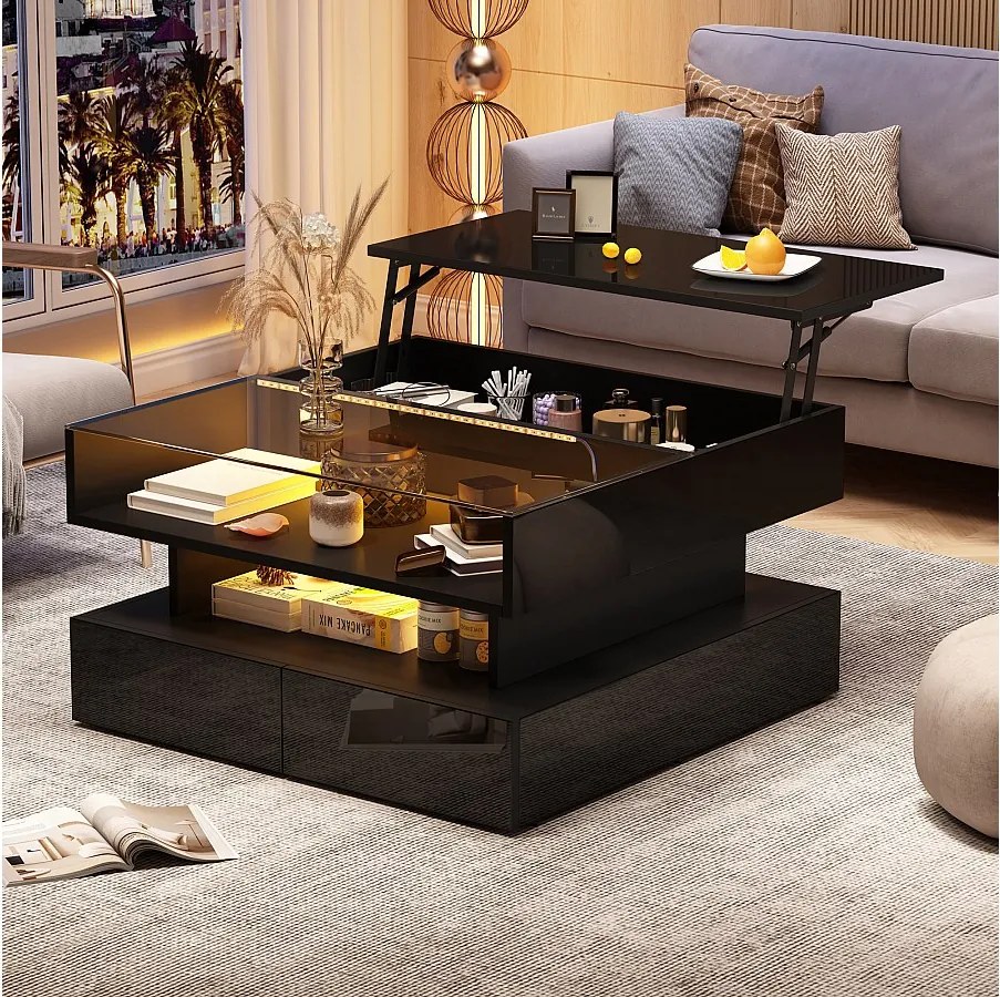 Czarny stolik kawowy z oświetleniem LED - Stolik kawowy z 2 szufladami i podnoszonym blatem - otwarta przestrzeń do przechowywania