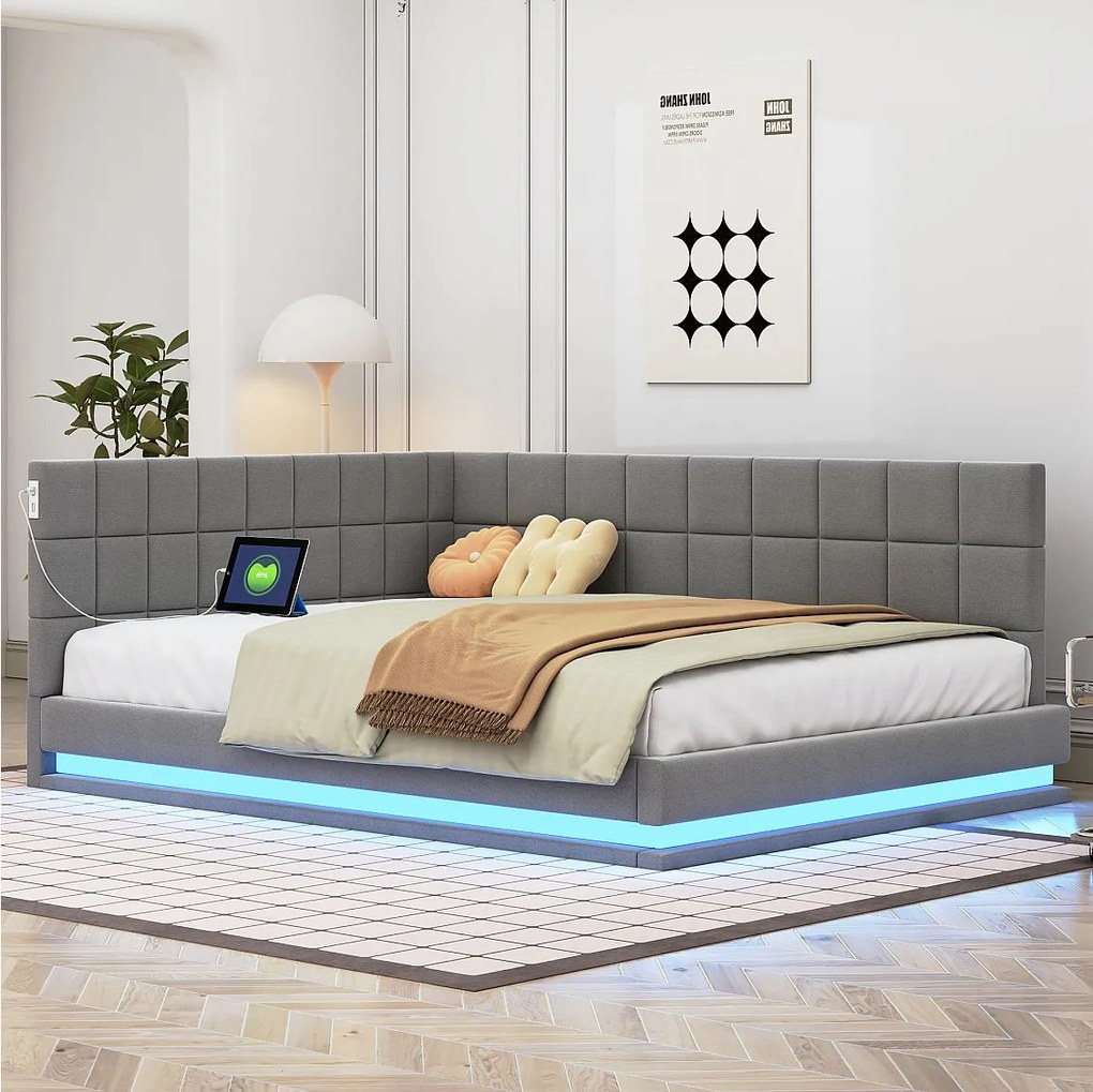 Łóżko tapicerowane 140 x 200 cm, sofa rozkładana z miękkim wezgłowiem - listwa świetlna LED, gniazdo USB - tkanina aksamitna - szare (bez materaca)