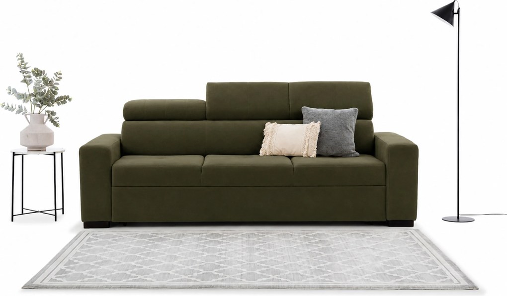 Sofa trzyosobowa Modeno z funkcją spania - oliwkowy welur hydrofobowy Monolith 38 - Wyprzedaż ekspozycji