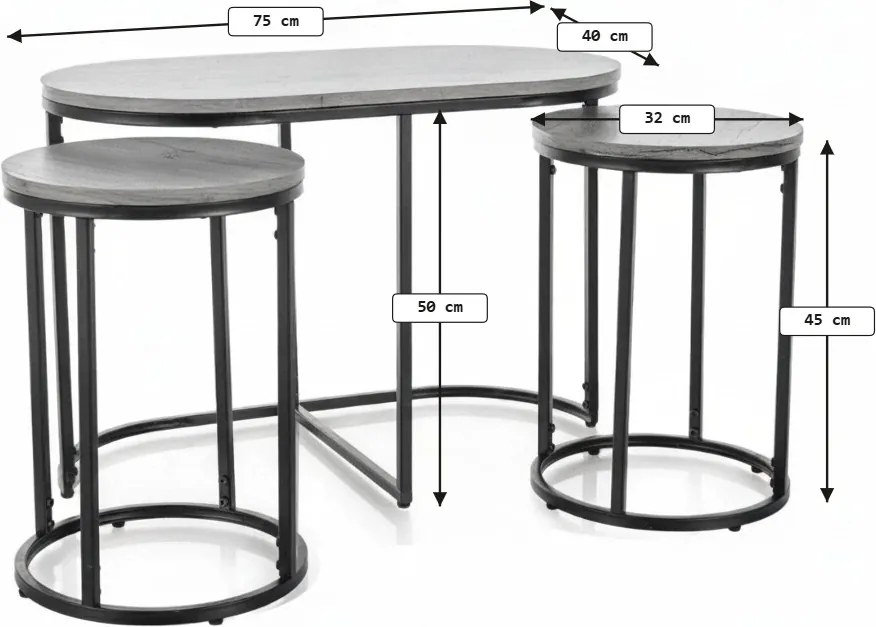 Stolik kawowy TWIXE z pomocniczymi stolikami 75x40 cm, czarny/dekor dąb artisan