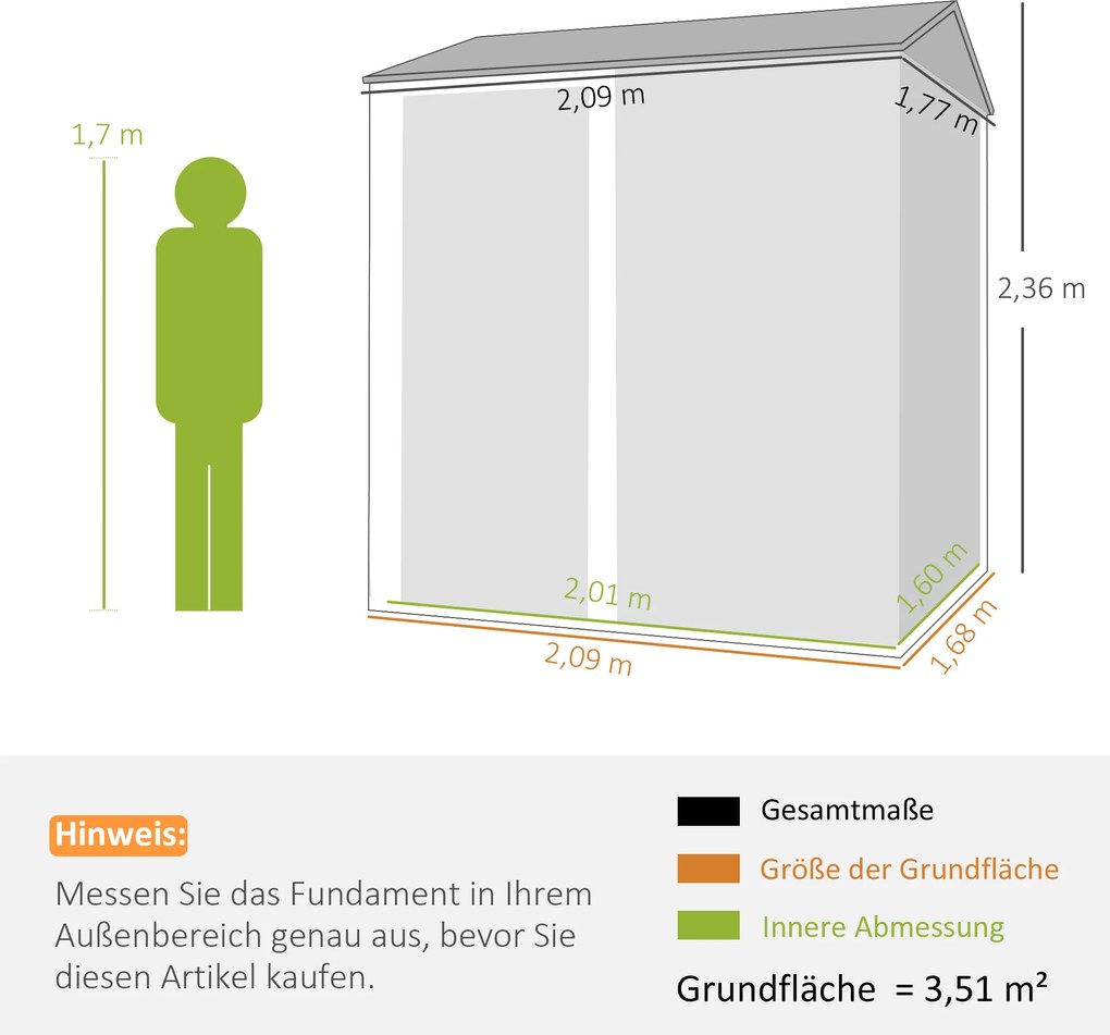 Outsunny Metalowy Domek Ogrodowy 3,5 m², Wysoki Zamykany Schowek z Pochyłym Dachem, Wentylacją i Rękawicami, 209 x 177 x 236 cm | Aosom PL