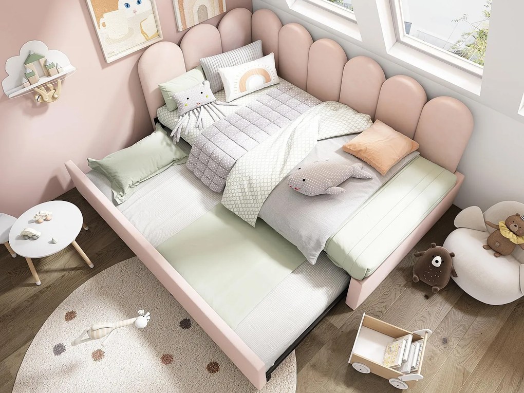 Łóżko banquette 90x200 cm - z łóżkiem wysuwanym 90x190 - tkanina welurowa - Różowy