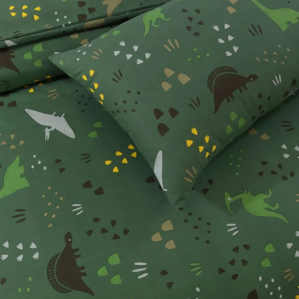 PrzytulneMieszkanie.pl PrzytulneMieszkanie.pl Bawełniana pościel do łóżeczka DINO STEPS ciemnozielona Rozmiar pościeli: 45 x 65 cm | 90 x 135 cm