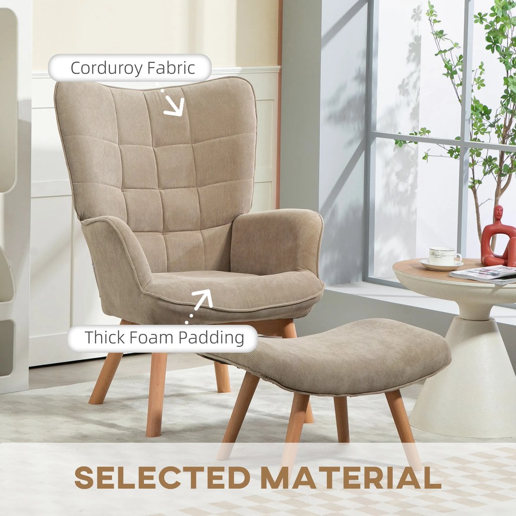 HOMCOM fotel relaksacyjny fotel skandynawski zestaw foteli fotel z podnóżkiem z uszami drewno bukowe szary wygląd sztruksu | Aosom PL