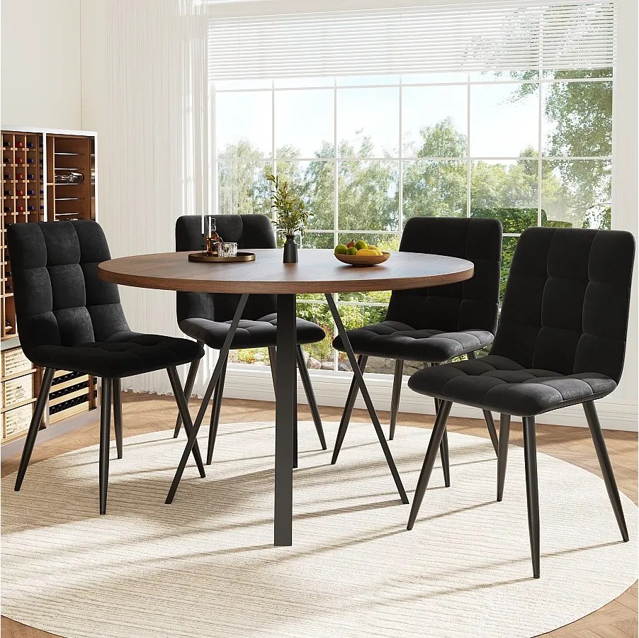 Zestaw okrągły stół + 4 krzesła z czarnego aksamitu bez podłokietników - D 80 x W 75 cm - Drewno MDF - Kolor orzecha