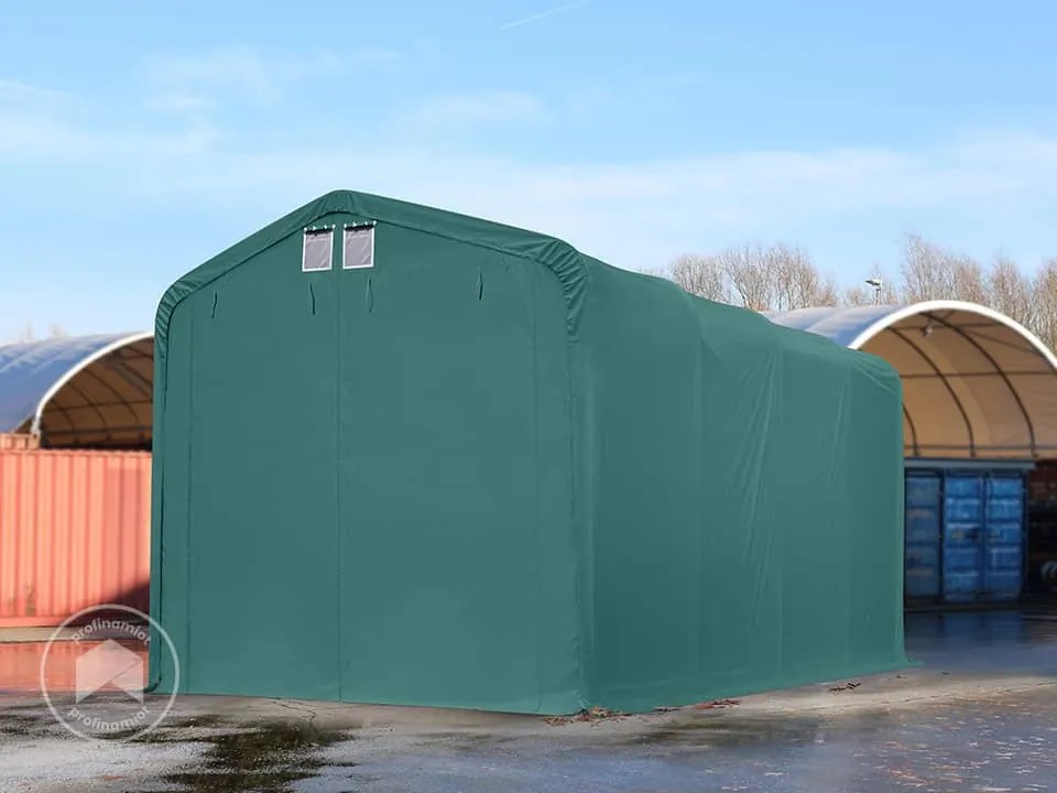 TOOLPORT 4x8m Hala namiotowa - 3,35 m wysokość ścian bocznych z 3,5x3,5m brama, PRIMEtex 2300, ciemnozielony, ze statyką (podłoże gruntowe) - (49393)
