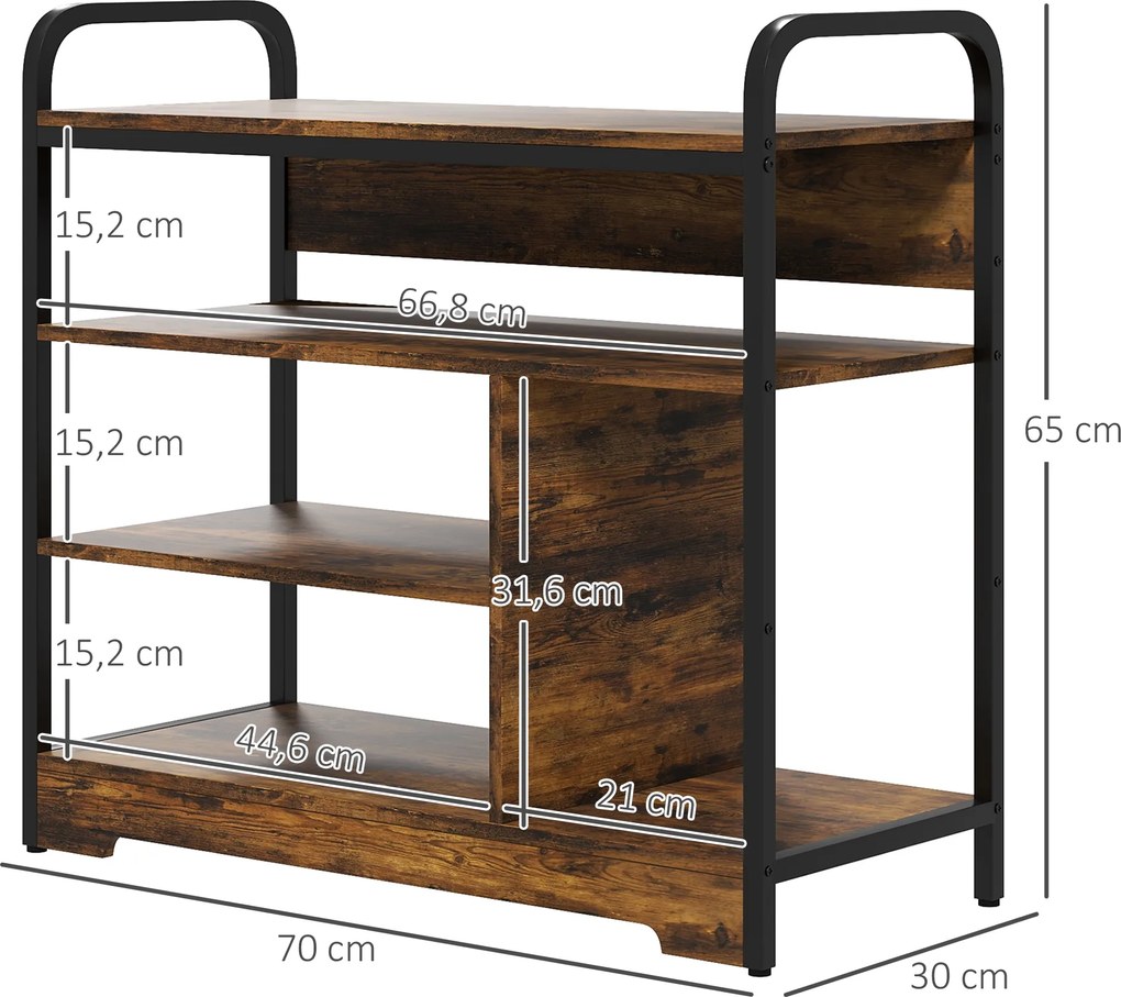 HOMCOM Półka na Buty 8-Poziomowa, Otwarty Design, Rama Metalowa, Regulowane Nóżki, 70x30x65 cm, Brąz/Czarny