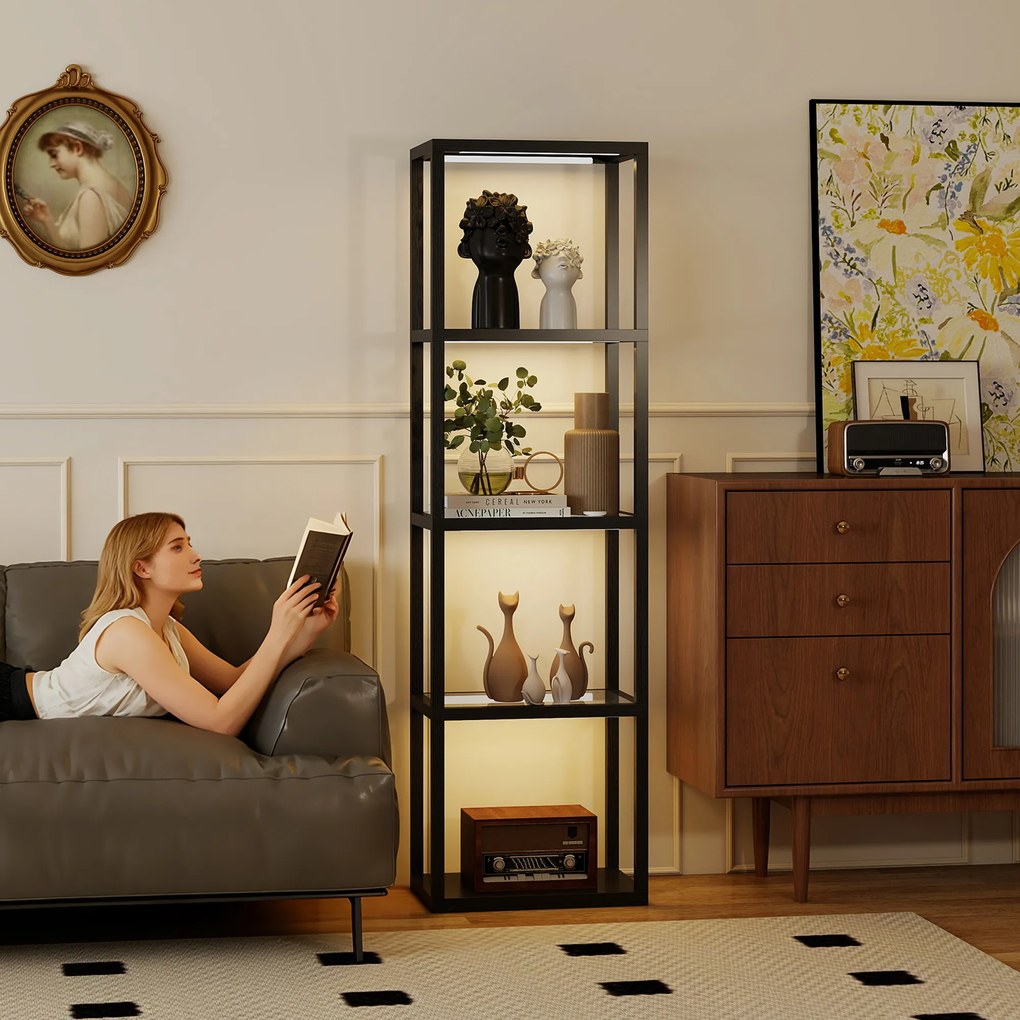 HOMCOM RGB lampa stojąca z szklanymi półkami, 4-poziomowa lampa LED z pilotem, synchronizacja muzyki, czarna