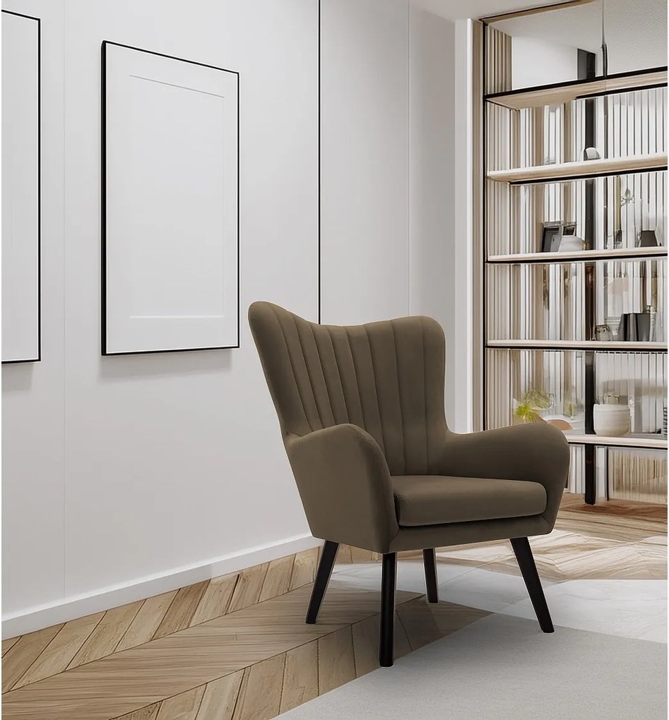 Fotel TED z tkaniny Velluto, wysoka oparcie, szerokie siedzisko, czarne nogi, pionowe przeszycia, 76x78x100 cm, ciemnozielony