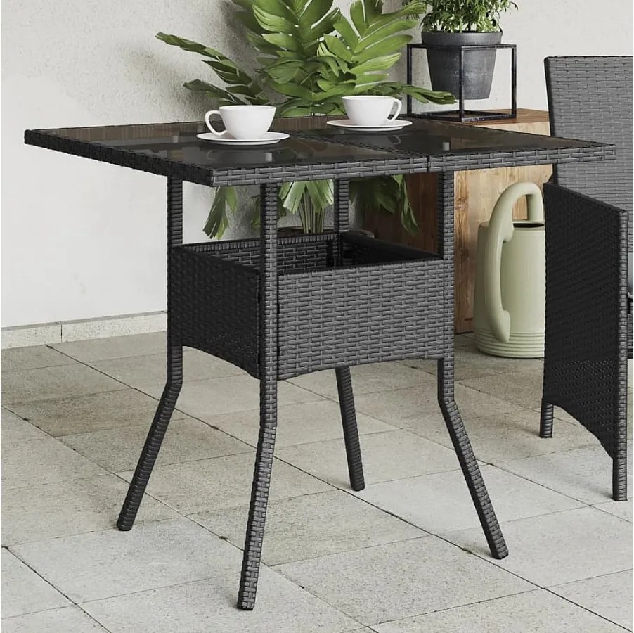 Stół ogrodowy z czarnym plecionym rattanem i blatem ze szkła 80x80x75 cm
