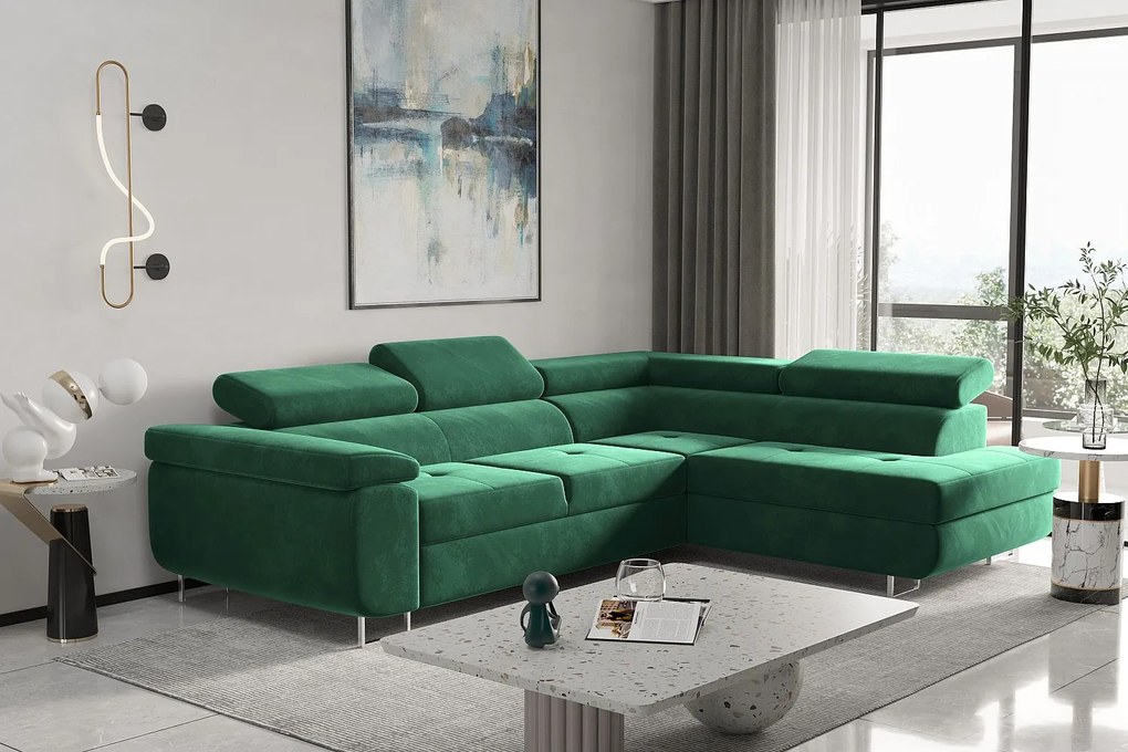 Narożnik z funkcją spania w kształcie L ATOM, tkanina Monolith, Zielony, Prawy