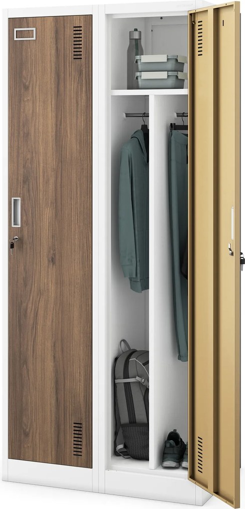 Szafka ubraniowa pracownicza czterokomorowa biała/orzech, 800x1800x500 mm: KACPER Eco Design