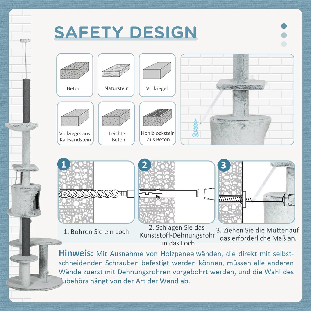 PawHut Drapak dla Kotów z Napinaczem Sufitowym, Hamakiem, Domkiem, Platformami, Piłką, 225-255cm, Szary