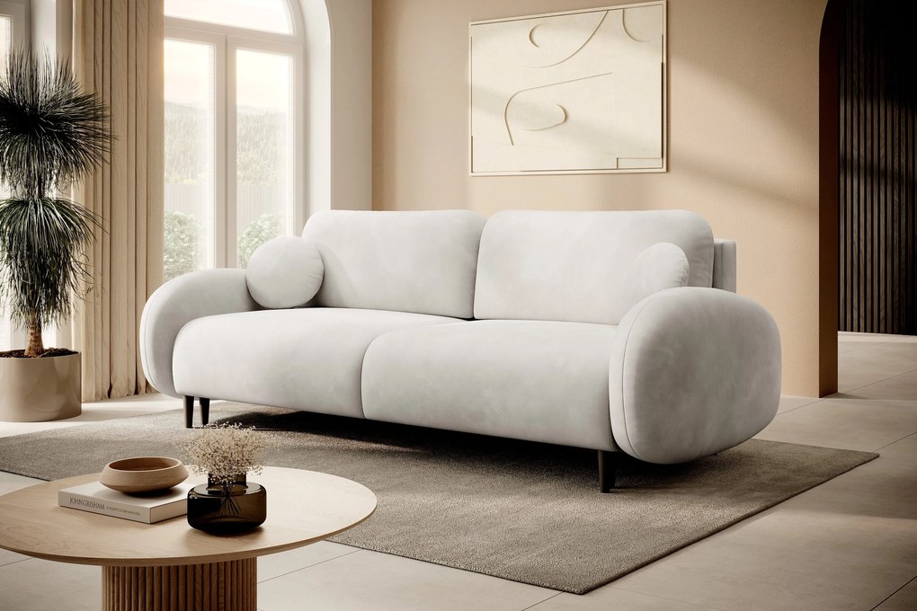 Masseno Sofa AGIO z funkcją spania i pojemnikiem na pościel, Rozkładana sofa - Kremowy, RUN AGAIN 01