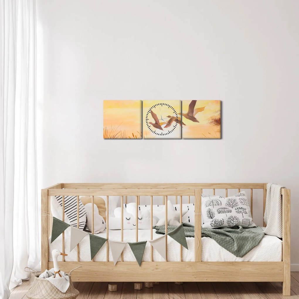 Obraz - Żurawie o zachodzie słońca (z zegarem) (90x30 cm)