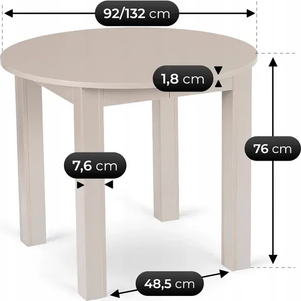 Stół Okrągły Rozkładany HARRY 92-132 cm Kaszmir Japandi
