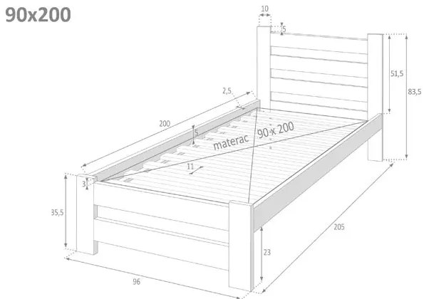 Białe pojedyncze łóżko z drewna sosnowego 90x200 - Lids 3X