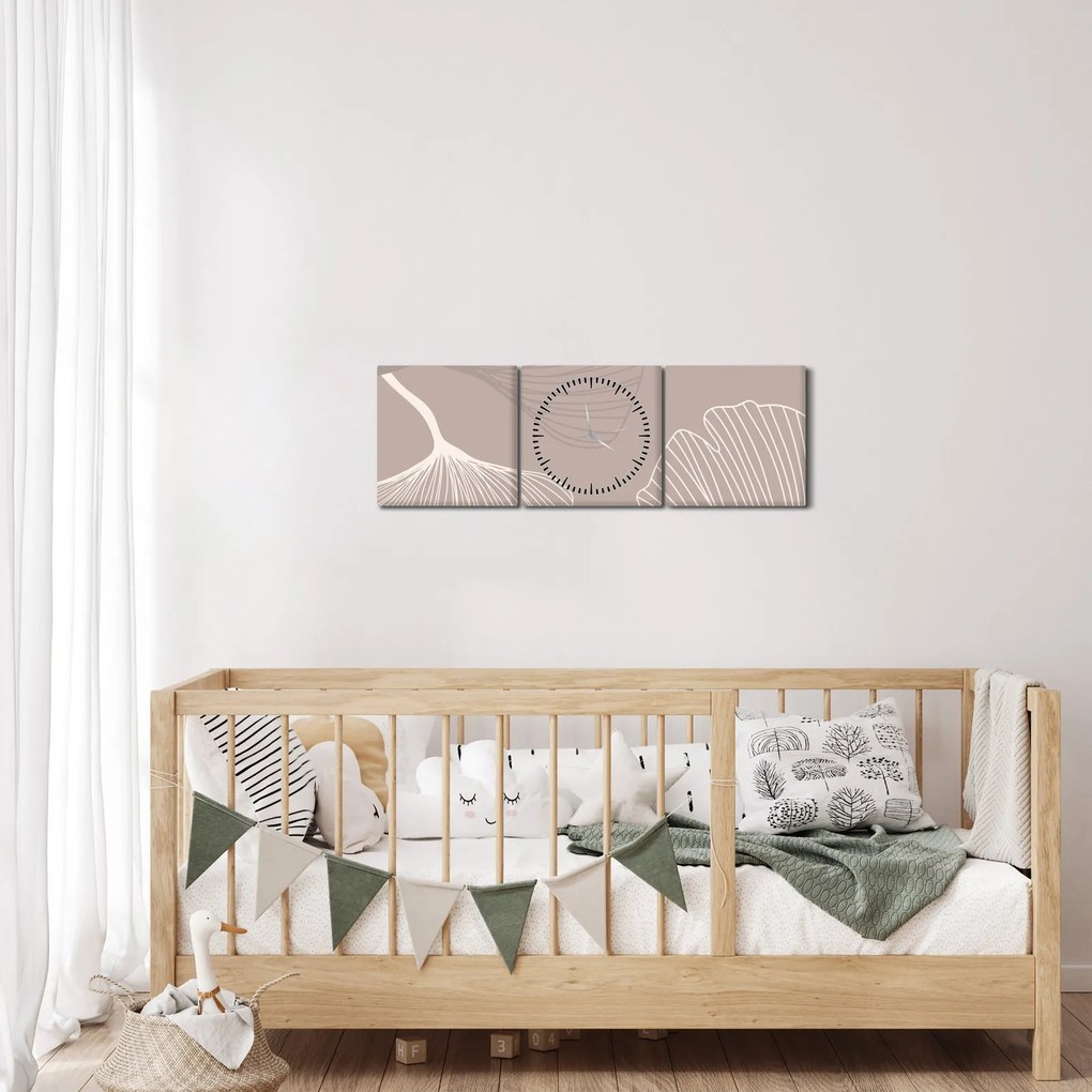 Obraz - Beżowe liście N⁰1 (z zegarem) (90x30 cm)
