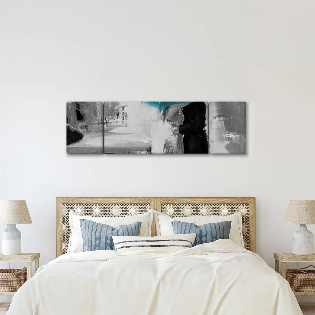 Obraz - Zakochana para z parasolem, niebieski (170x50 cm)
