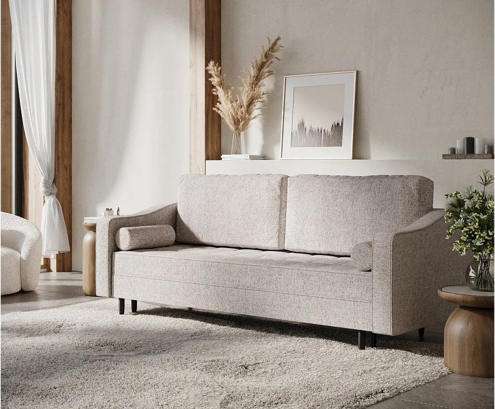 Sofa rozkładana Zyia - tkanina pleciona - trzyosobowa - jasnobrązowy