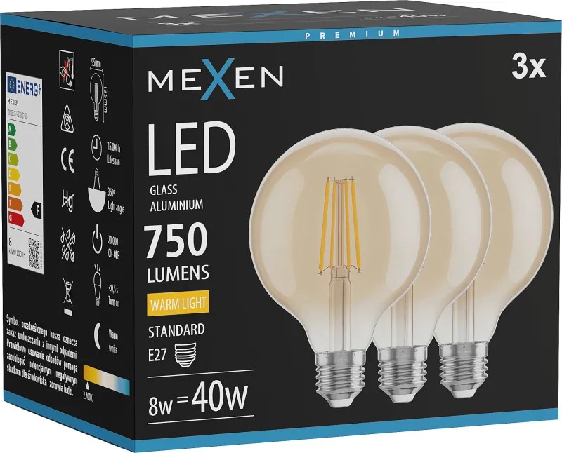 Mexen Vintis 3x żarówka filament LED E27, G95, 8W, Ciepła - 2700K, 750 lm, amber - L157-E27-0827-50x03