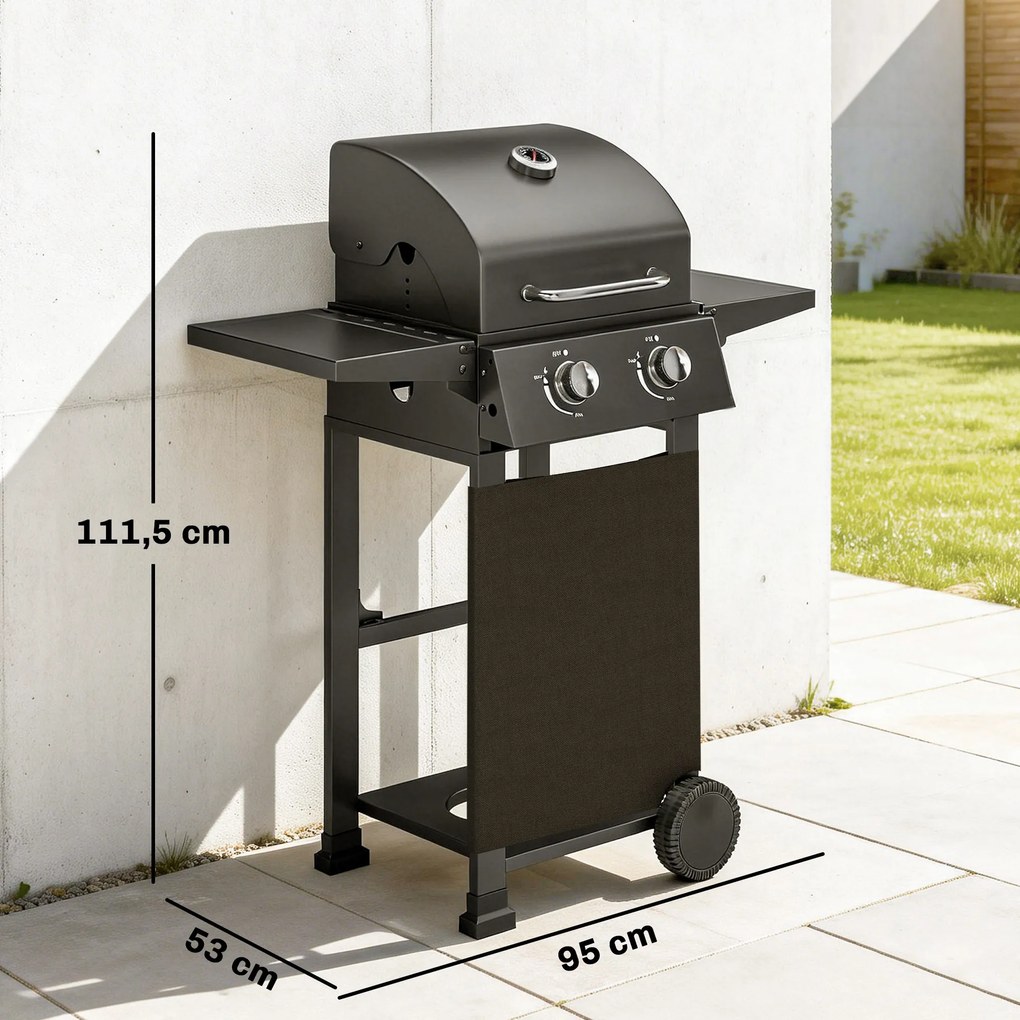 Outsunny Grill gazowy 5,4 kW, 2 palniki, stalowy wózek grillowy z termometrem, chromowany ruszt i półka do podgrzewania | Aosom PL