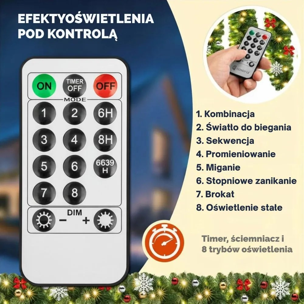 Girlanda świąteczna ANDREA z oświetleniem sterowanym pilotem, dekorowana, 5 m, zielona Casaria
