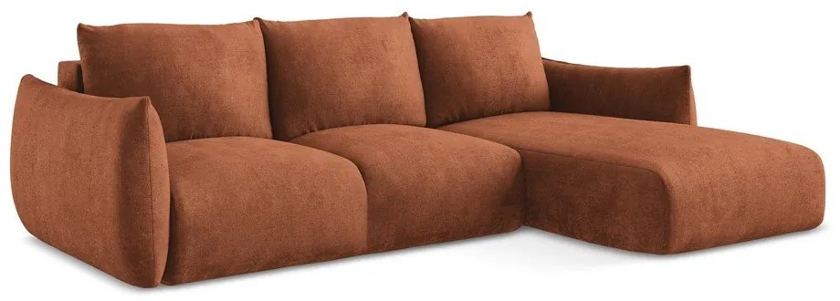 Rozkładany narożnik z tkaniny szenilowej (prawostronny/z szezlongiem) w kolorze terakoty Leila – Makamii