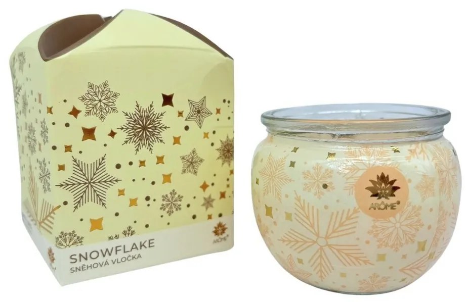 Arome Świeca w szklanym pojemniku i pudełku zmotywem kwiatowym, Snow flake, 90 g