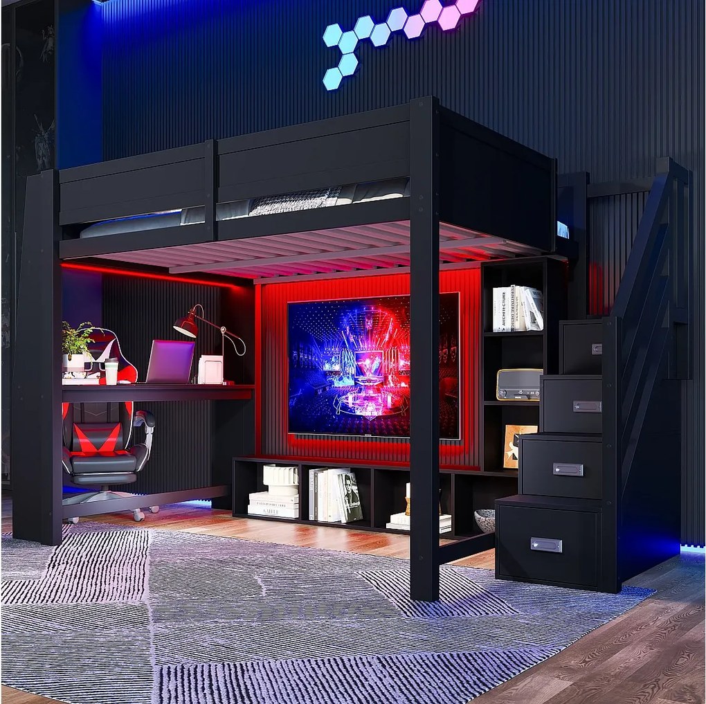 Łóżko piętrowe z drewna - 140 x 200 - z biurkiem + półką + oświetleniem LED + schodkami do przechowywania - MDF - czarne.