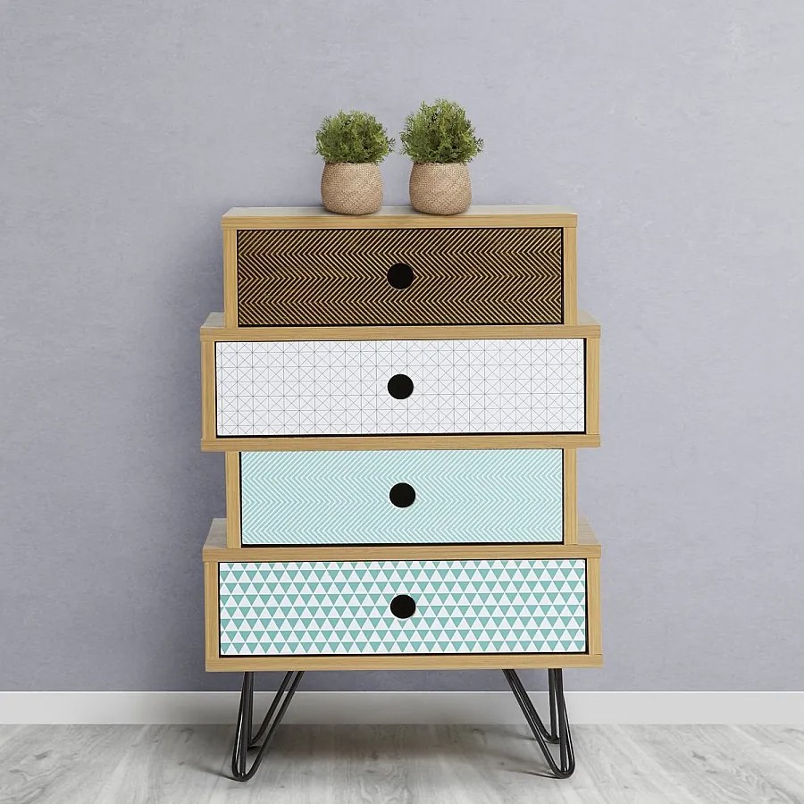 Stolik nocny Colummn Table Chevet Buda 4 szuflady, kolor dębu, nogi metalowe w kolorze czarnym.