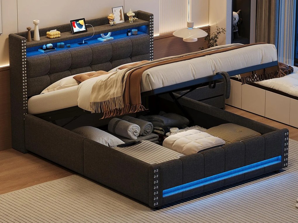 Łóżko z pojemnikiem 140x200cm z lnu - z LED i gniazdem USB - z stelażem na listwach - Szare