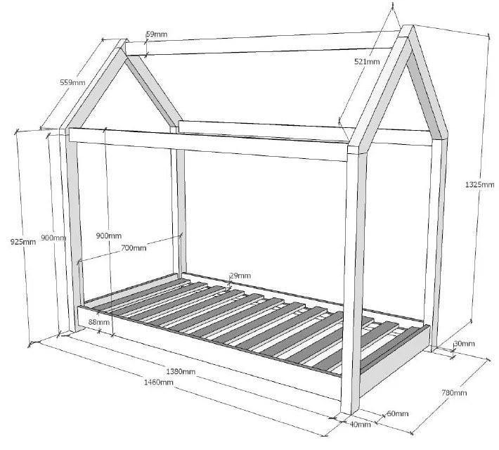 Łóżko dziecięce w kształcie domku Vipack Cabane, 70 x 140 cm