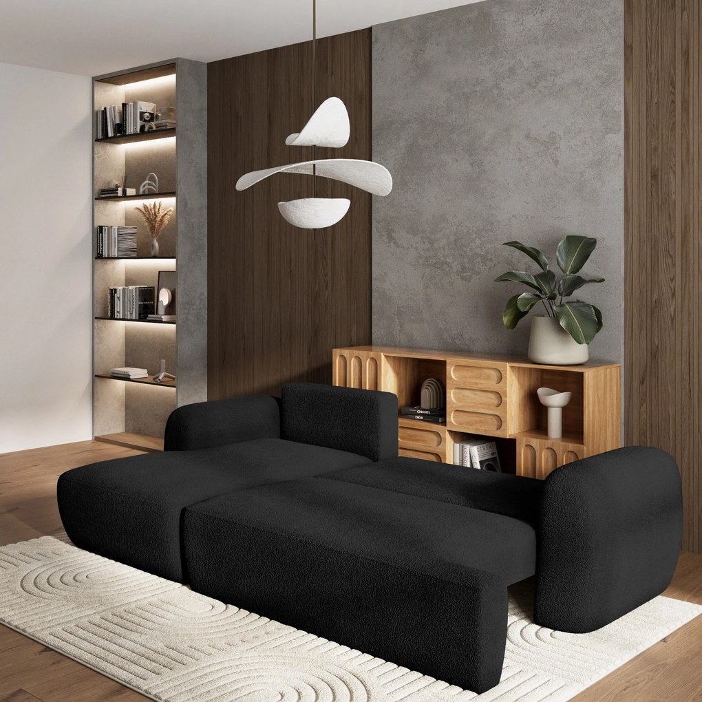 Masseno Narożnik MODENZA z funkcją spania i pojemnikiem na pościel Narozniki L, Rozkładana sofa - Czarny, NOW OR NEVER 100