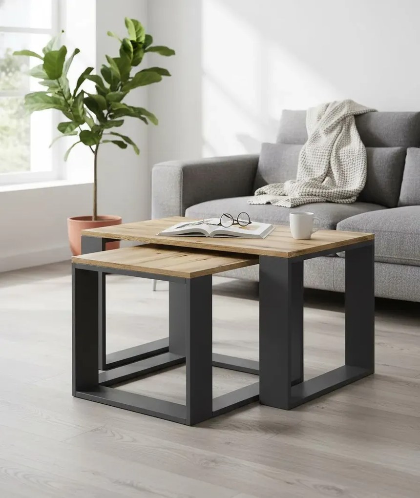 Zestaw 2 prostokątnych stolików antracyt + dąb wotan P0-P12