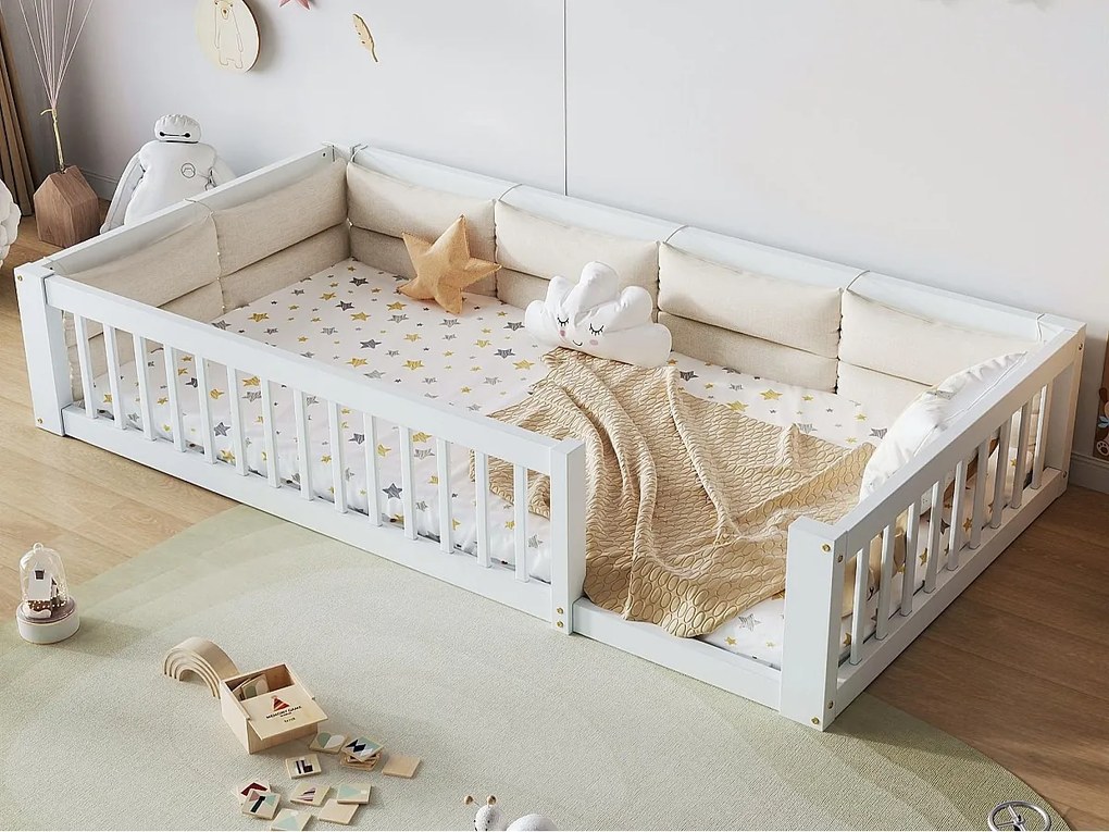 Łóżko pojedyncze dziecięce 90x200 cm - z barierkami bocznymi i poduszkami-podgłówkami - Stelaż lamelowy - MDF - Biały (bez materaca)